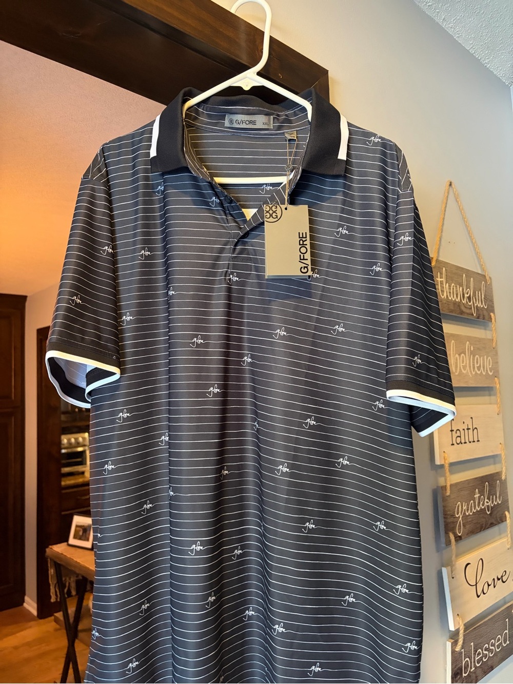 G/FORE Navy and White Striped Performance Golf Polo - NWT/Never Worn